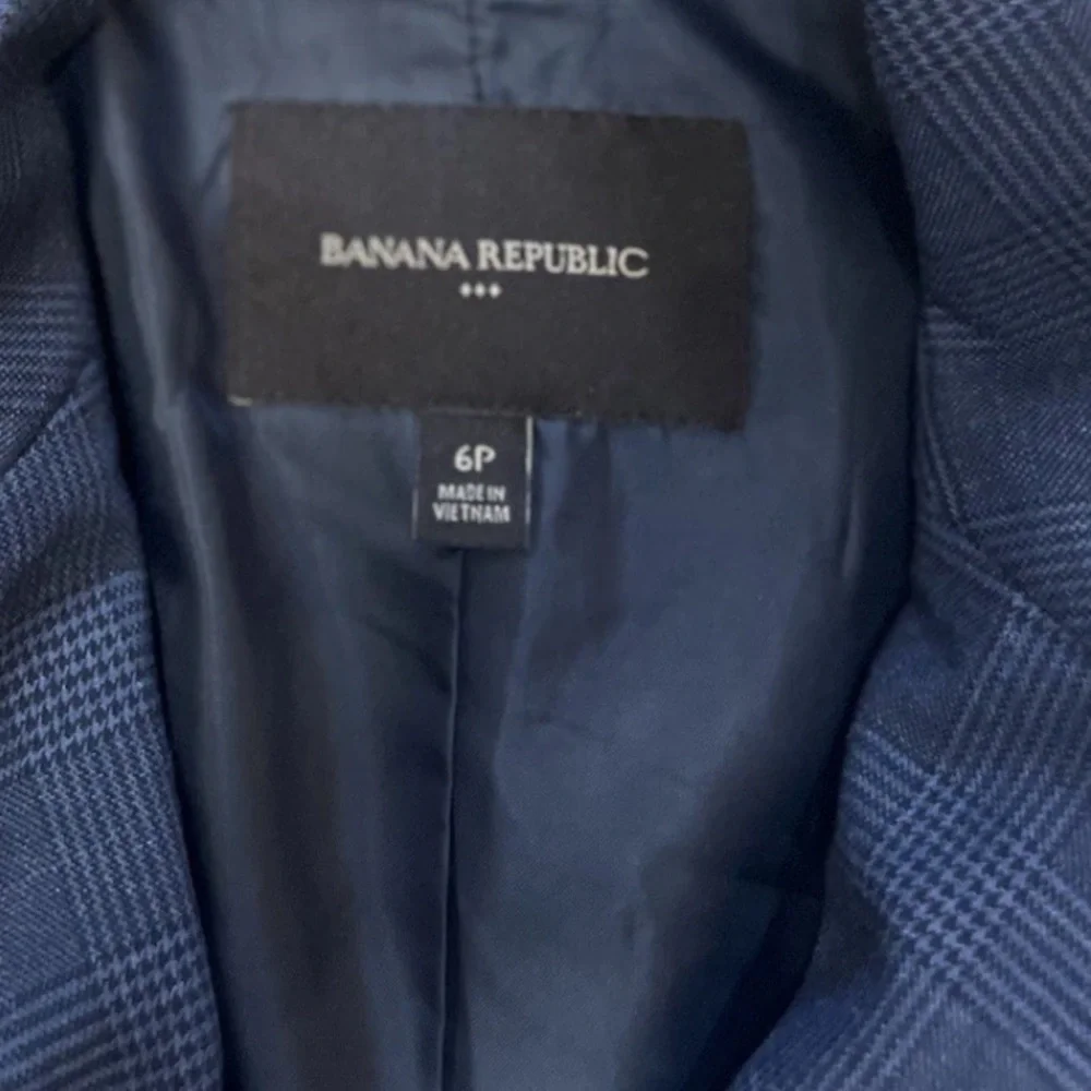 Banana Republic Women Blazer SZ 6 Navy Blue Plaid Blazer Career Office Smart
